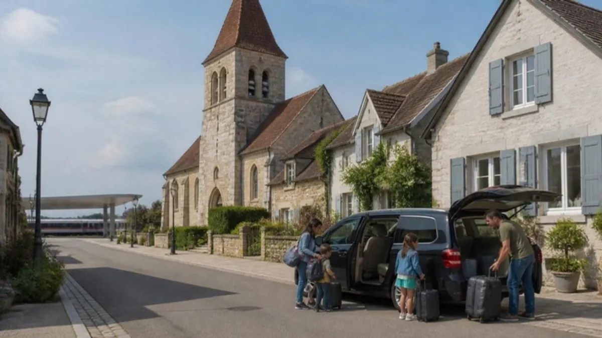 Quiet village street with a church tower, a minivan pulling up and a family with suitcases