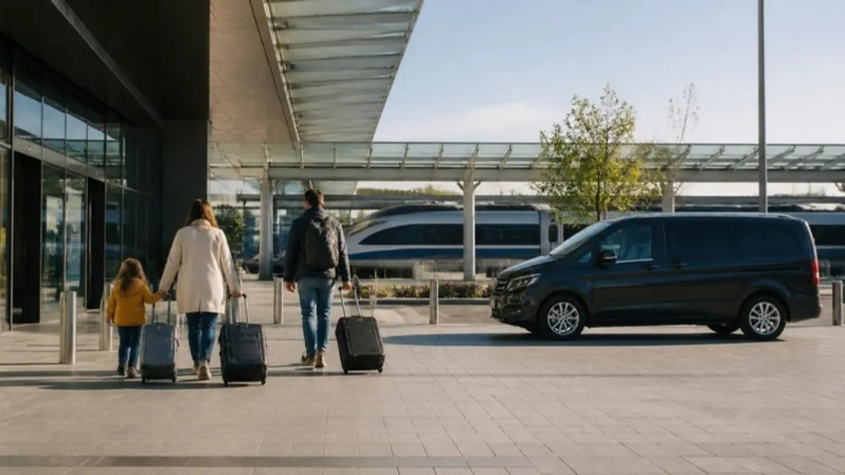 Family with suitcases at a modern railway station forecourt with a high-speed train behind