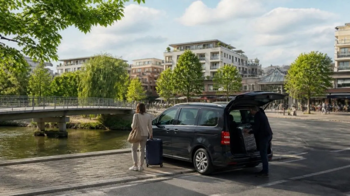 Leafy suburb with a river and a minivan stopped at the roadside as a driver lifts a suitcase