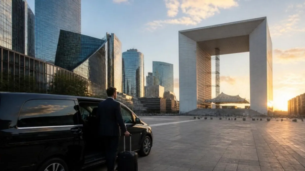 La Defense Grande Arche at golden hour with a minivan in the foreground