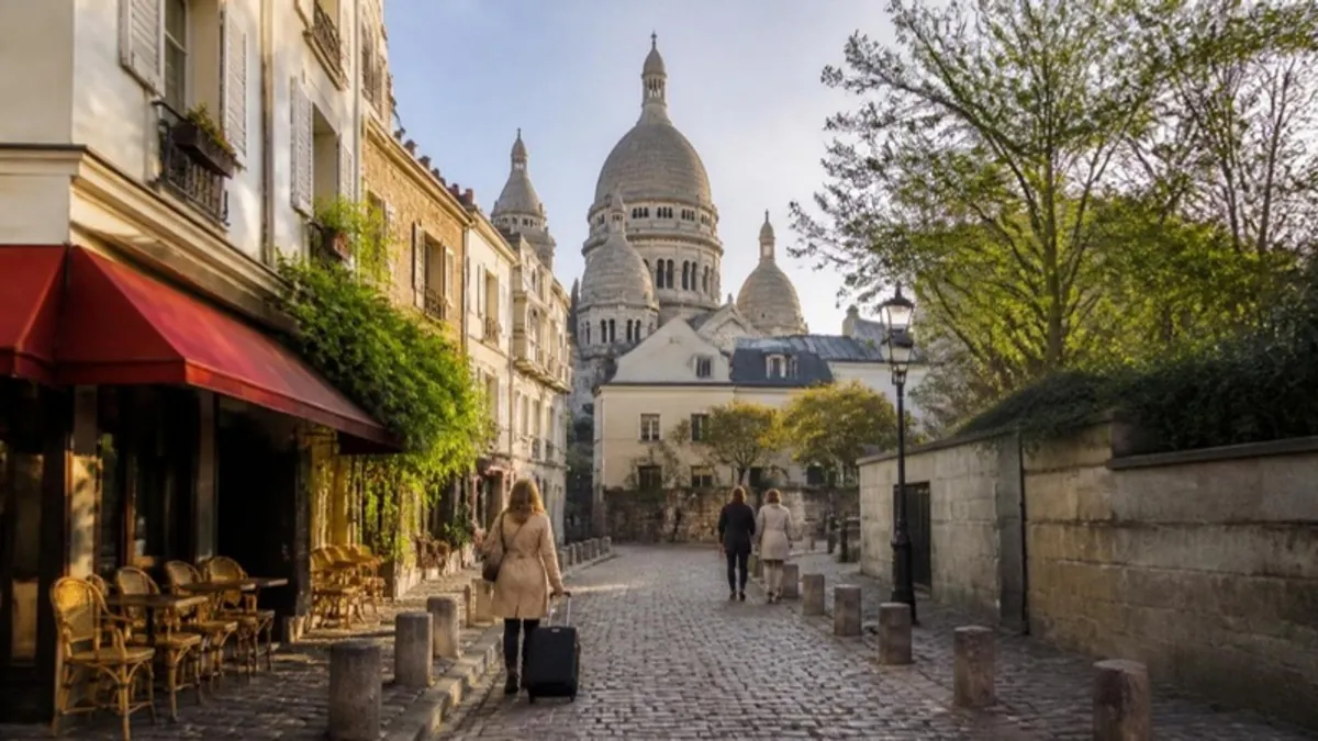Montmartre cobbled street with a café and the Sacré-Cœur basilica above the rooftops