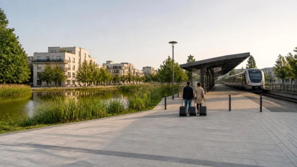 Serris RER station and pond near Val d’Europe with a train arriving and travellers with suitcases