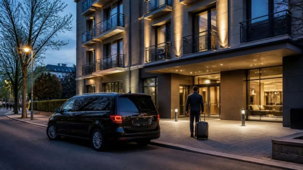 Modern aparthotel facade at dusk with a traveller and a minivan