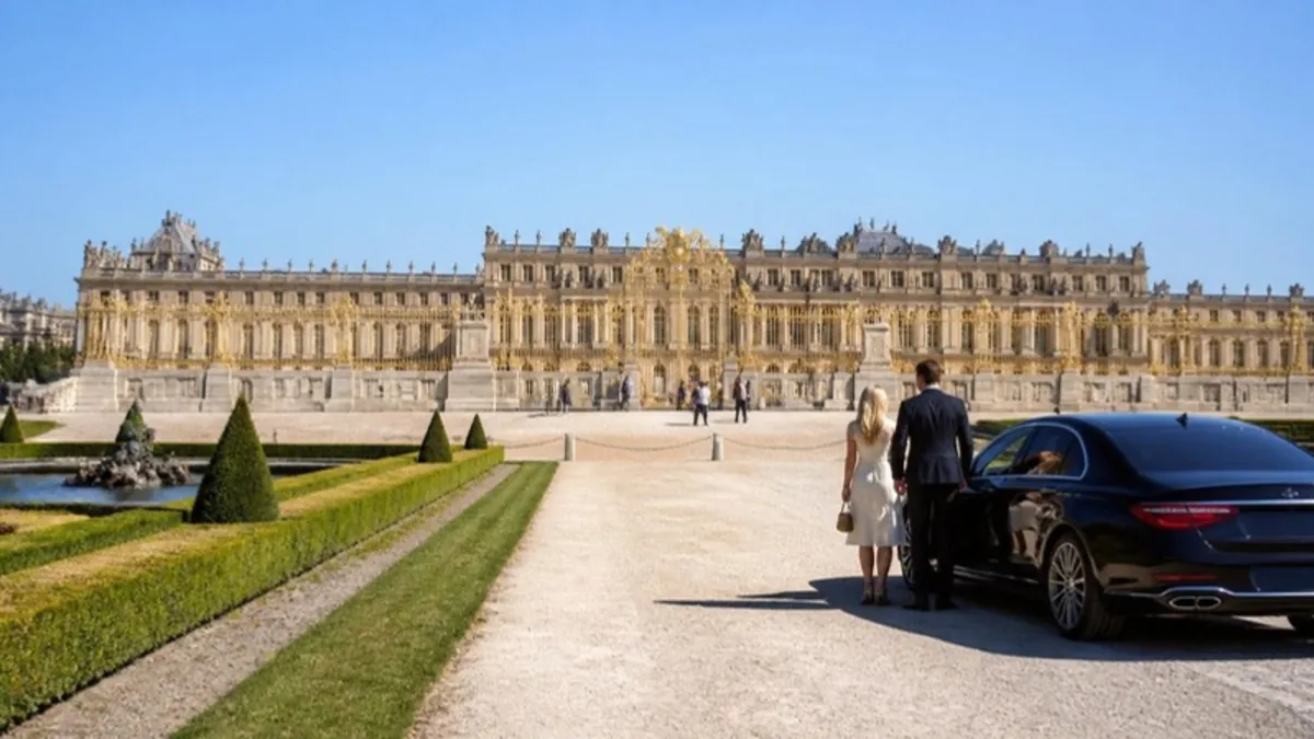 Palace of Versailles forecourt and gardens with a private car dropping visitors
