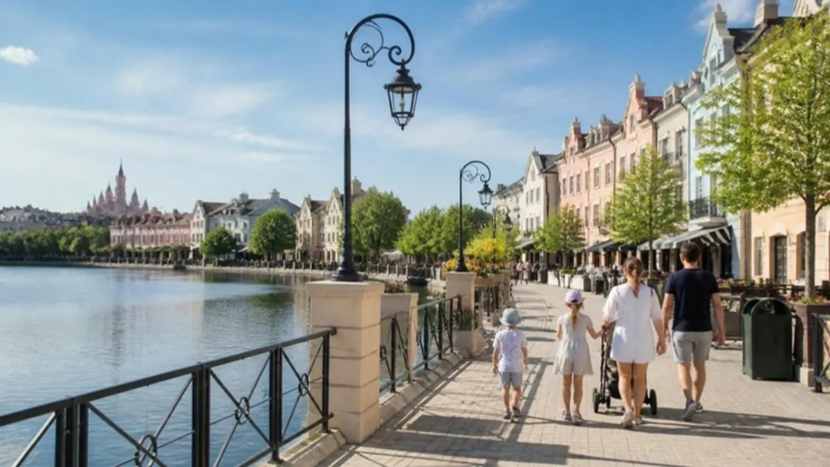 Family walking beside a lake in a French new town near Paris with theme park towers in the distance