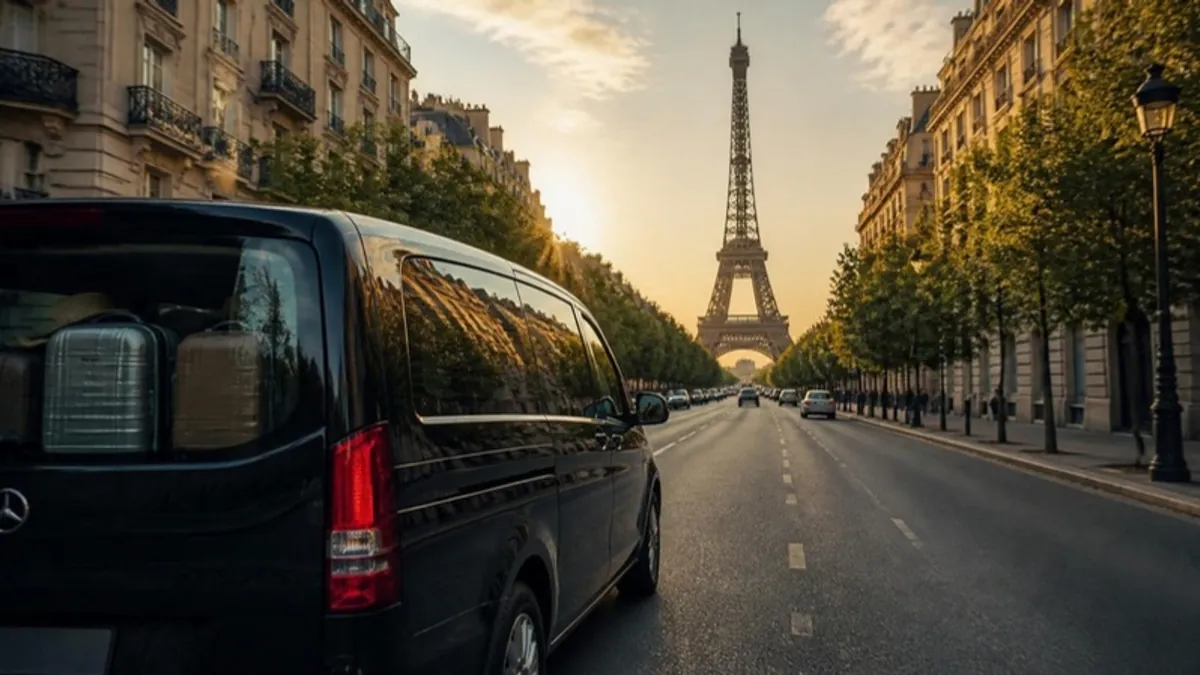 Private van driving along a Paris boulevard toward the Eiffel Tower at golden hour