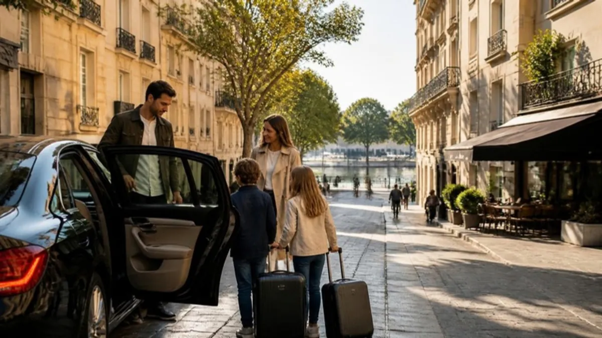 Family stepping out of a private car on a Paris street with suitcases