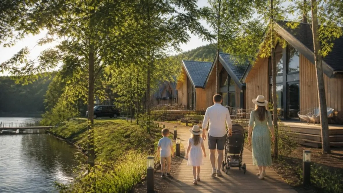 Wooden family cottages beside a lake in a forest near Paris